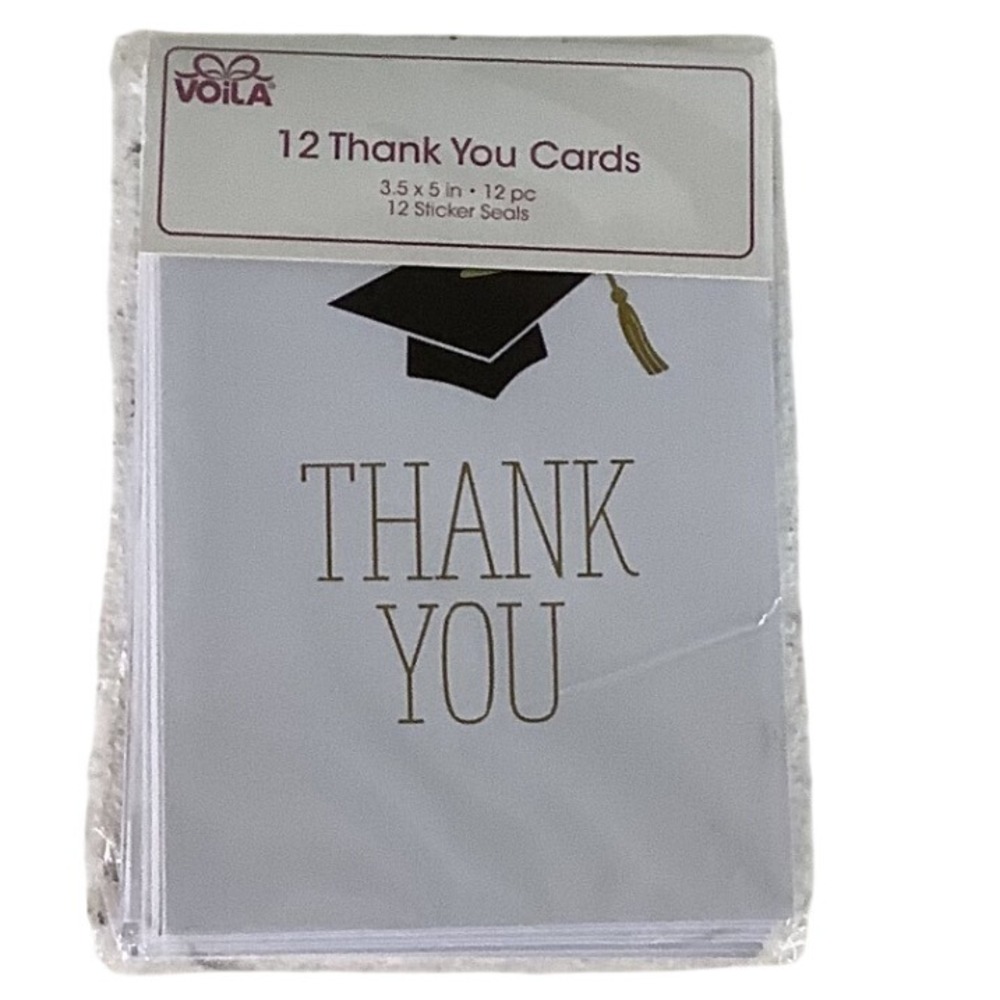 Voila 12 Count Graduation Thank You Cards with Sticker Seals White Black Gold